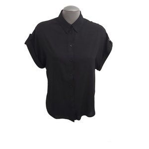Suzy Shier Button Decorated Cuff Short Sleeve Blouse Black Women Size Small Reg